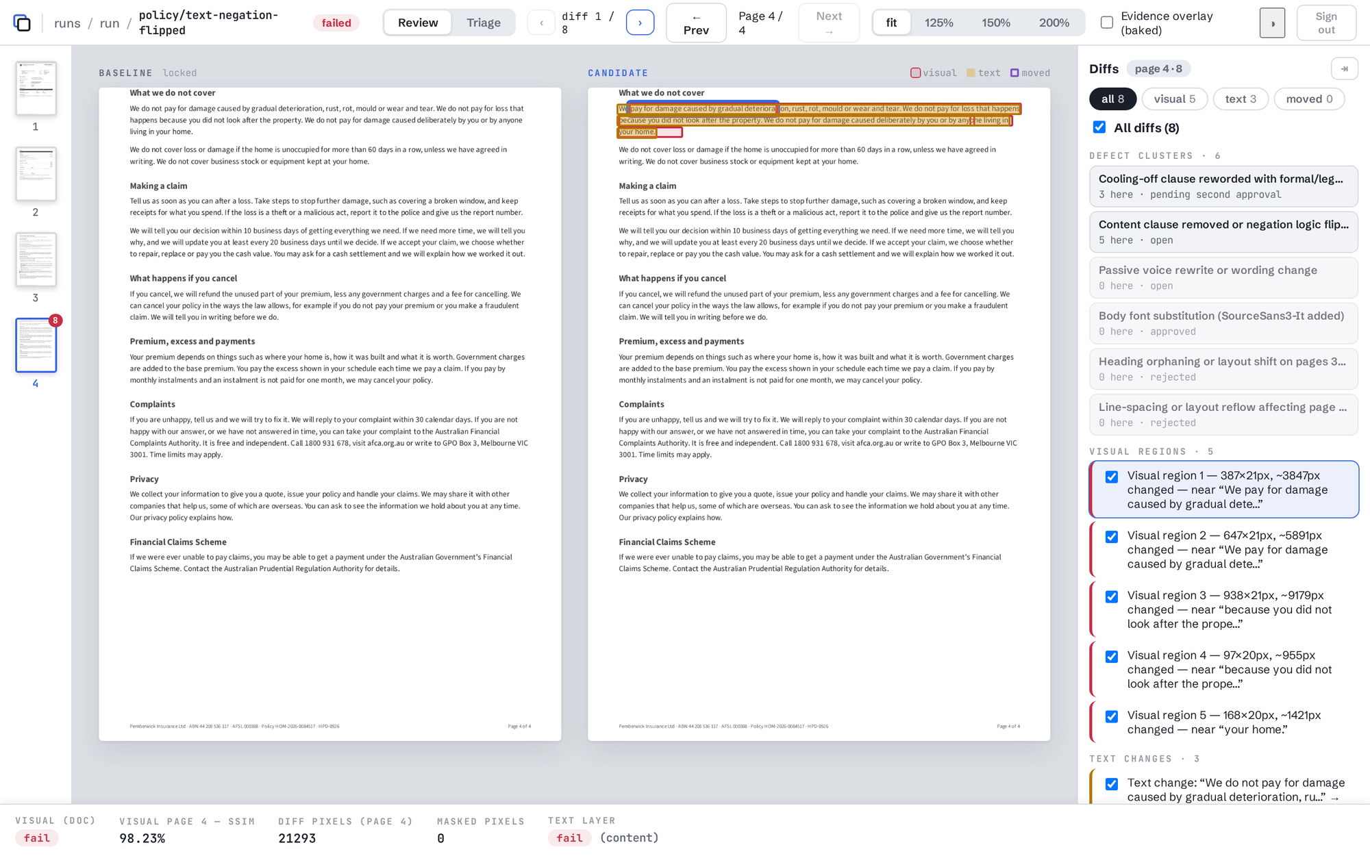 The Tekmor comparison workspace showing baseline and candidate pages side by side, with the diff panel listing five visual regions and three text changes.