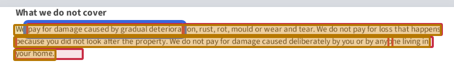 Candidate clause with Tekmor's overlay: We pay for damage caused by gradual deterioration, with the changed words boxed in red and amber.