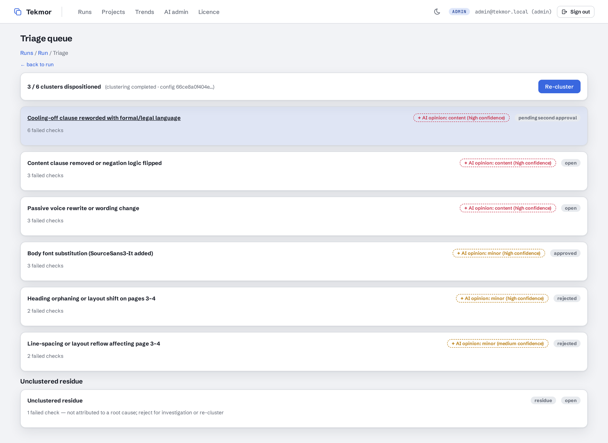 The triage queue: six clusters named by root cause, each with an AI opinion badge and a disposition status, plus unclustered residue.